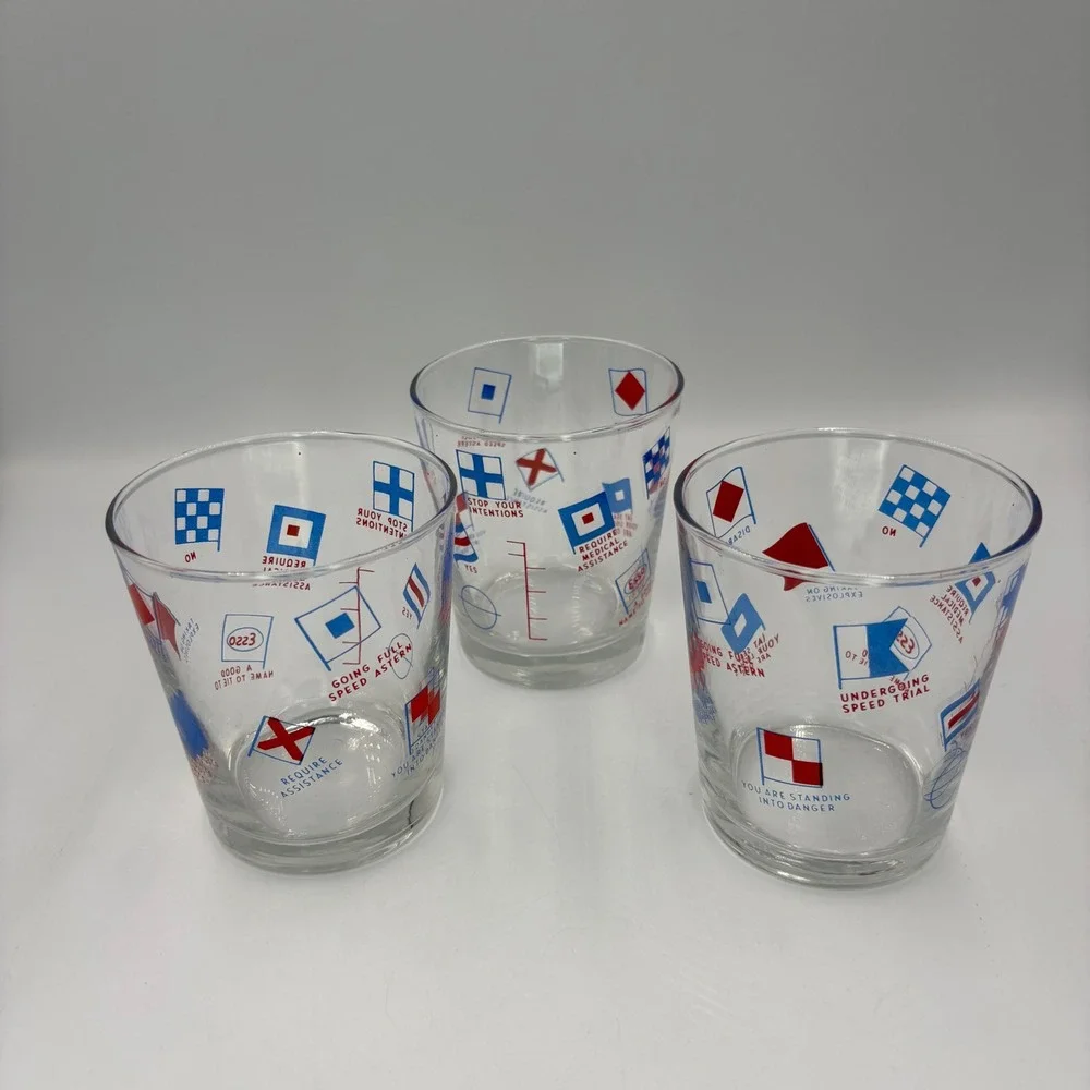 Esso Nautical Signal Flag Rocks Glasses Set of 3 Clear Red Blue Good Vintage